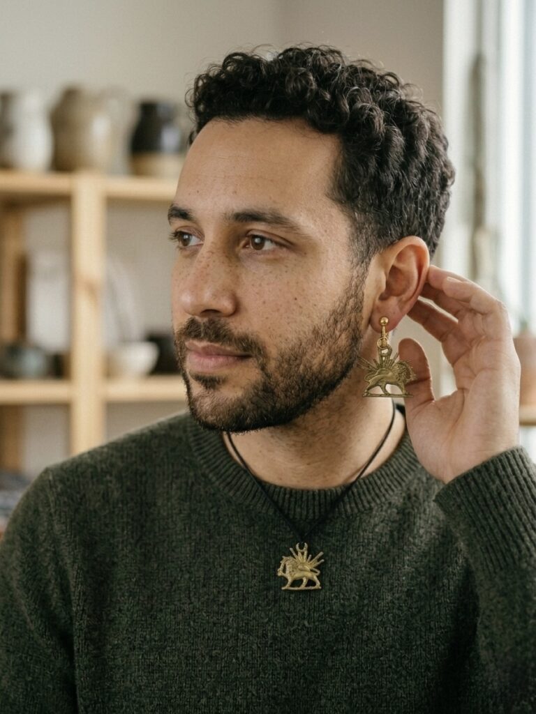 earrings and necklace on Male model-lion and sun